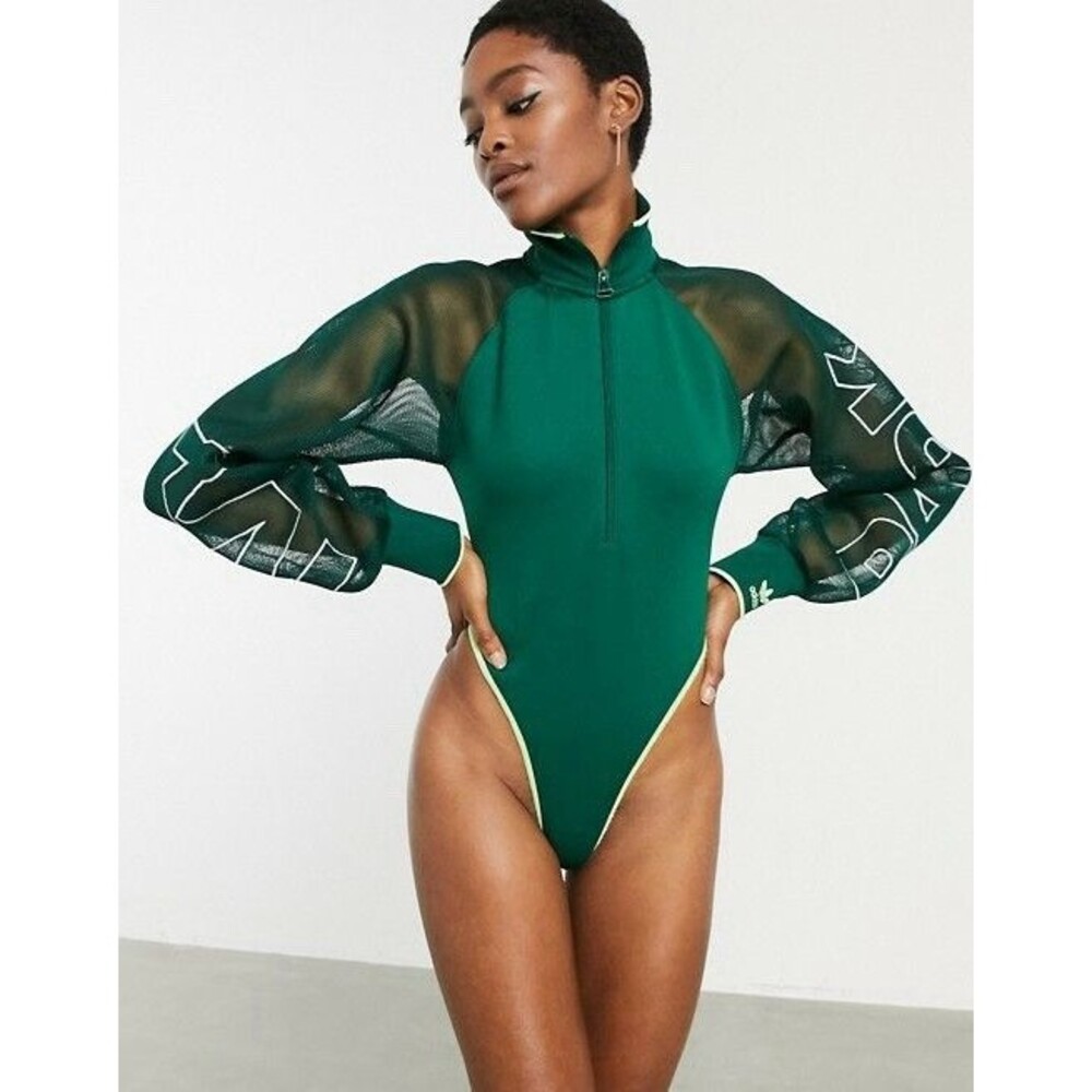 Beyonce Ivy Park x Adidas Capsule - Green Mesh Sleeve Bodysuit Size L Zip Neck